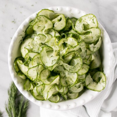 4-Ingredient Cucumber Salad in a white bowl
