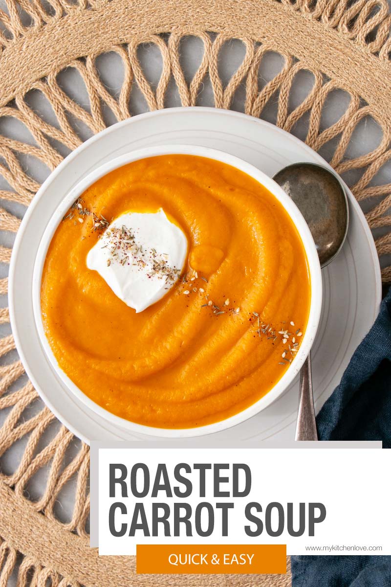 This Roasted Carrot Soup recipe is topped with a Middle Eastern spice mix is a comforting and nourishing bowl. Wholesome roasted carrots blended into a cozy soup in under 30 minutes.  via @mykitchenlove