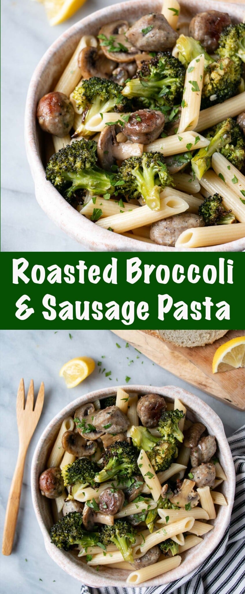 An almost completely hands-off meal with roasted sausage and broccoli pasta. Add some roasted mushrooms and a squeeze of lemon for a bright and complete dinner! via @mykitchenlove