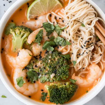 Prawn and Broccoli Red Curry in a white bowl